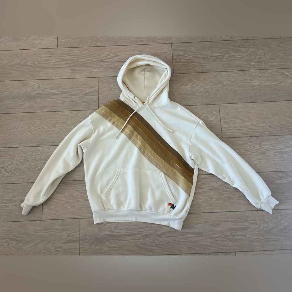 Aviator Nation Cross stripe relaxed pullover hoodie vintage white and brown xs